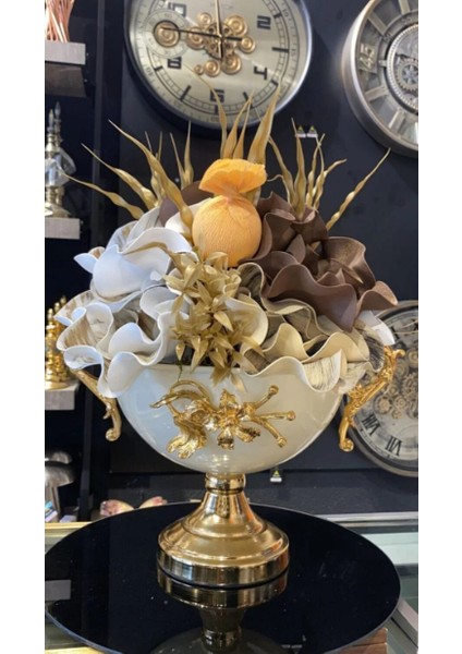 Gold Detaylı Seramik Vazo Içinde Yapay Çiçek Aranjmanı | Lüks Ev Dekorasyon Ürünü Büyük Boy