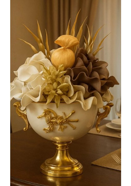 Gold Detaylı Seramik Vazo Içinde Yapay Çiçek Aranjmanı | Lüks Ev Dekorasyon Ürünü Büyük Boy fırsatları