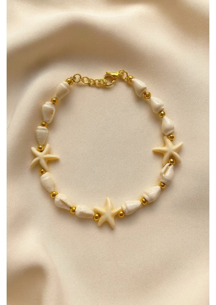 Kadın Deniz Kabuğu Yıldızlı Gold Boncuk Detaylı Bileklik, Lastik Toka Seti, Toka, Kız Çocuk Toka, Kadife Toka