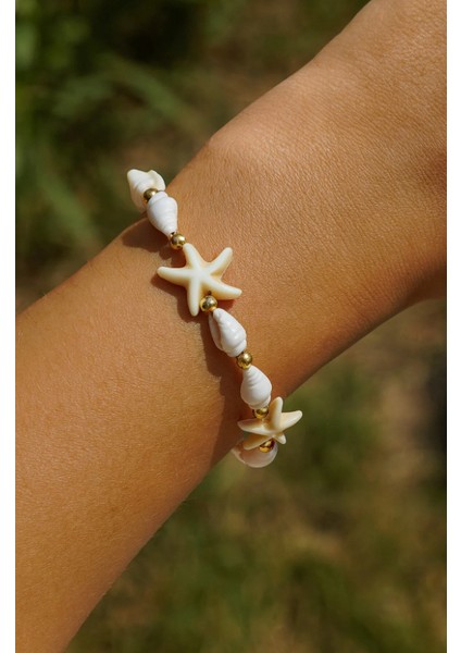 Kadın Deniz Kabuğu Yıldızlı Gold Boncuk Detaylı Bileklik, Lastik Toka Seti, Toka, Kız Çocuk Toka, Kadife Toka modelleri