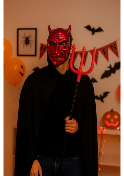 Halloween Cadılar Bayramı Maske Şeytan Maskesi Parlak Kırmızı Metalik Arkası Tüllü Korku Aksesuarı