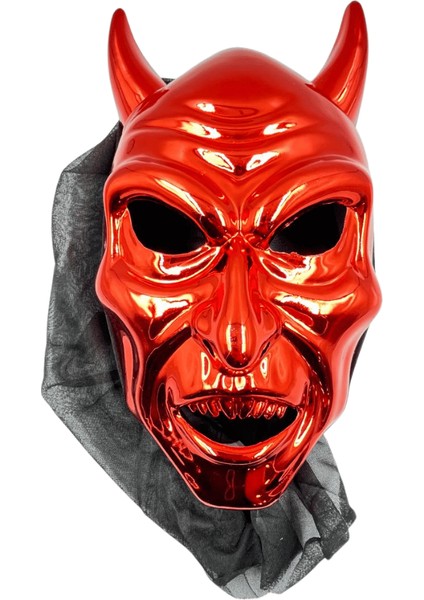 Halloween Cadılar Bayramı Maske Şeytan Maskesi Parlak Kırmızı Metalik Arkası Tüllü Korku Aksesuarı fiyatları