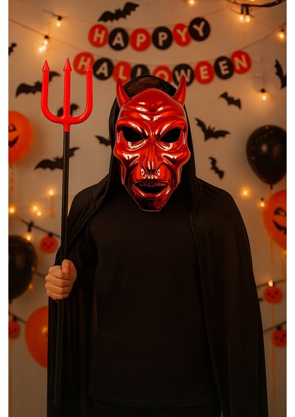 Halloween Cadılar Bayramı Maske Şeytan Maskesi Parlak Kırmızı Metalik Arkası Tüllü Korku Aksesuarı modelleri