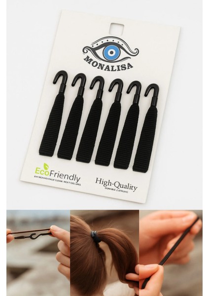 Plastik Kancalı Lastik Saç Tokası Seti, Kadın Toka, Toka Organizer, Toka, Kız Çocuk Toka, Kadife Toka 6'lı Set Siyah