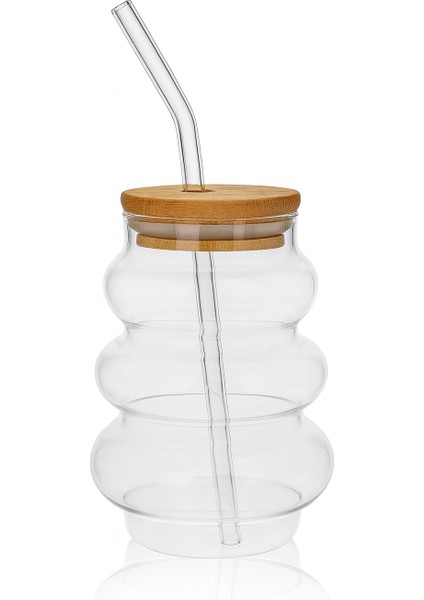 Dalgalı Bambu Kapaklı Latte Kahve Smoothie Cam Bardak 450 ml