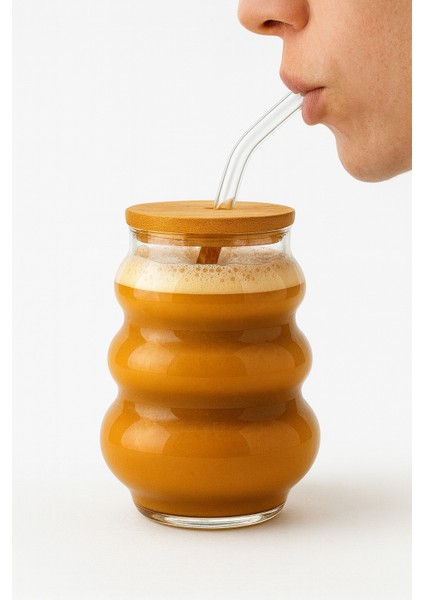 Dalgalı Bambu Kapaklı Latte Kahve Smoothie Cam Bardak 450 ml modelleri
