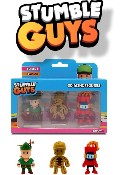 Stumble Guys 3'lü Mini Figür Seri 4 - Green Hood - Fossil Guy - Nitro Mcboomyson
