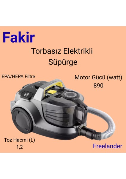 890 W H.e.p.a. 13 Filtre ,freelander Bl 6054 Toz Torbasız Elektrikli Süpürge,sarı-Gri