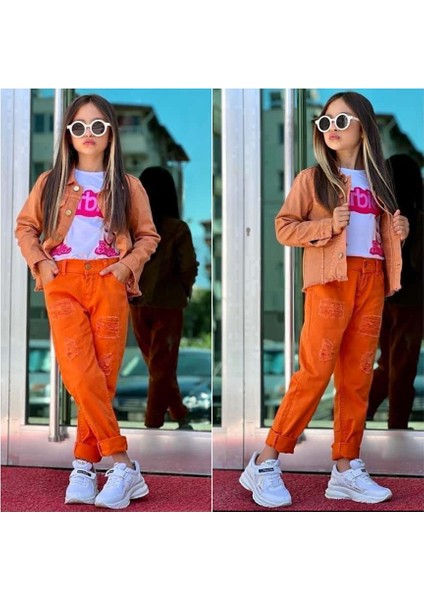Kız Çocuk Kot Ceket Kot Pantolon Baskılı Tişört 3'lü Kombin