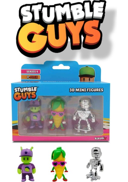 Stumble Guys 3'lü Mini Figür Seri 4 - Abducted Guy - Corn - Silver Skeleton