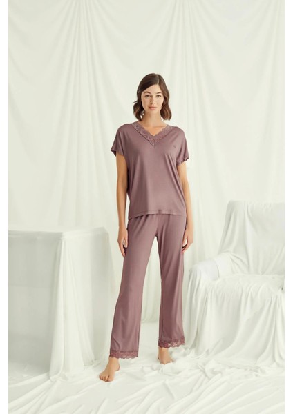 Monamise Kısa Kollu V Yakalı Dantelli Pijama Takımı