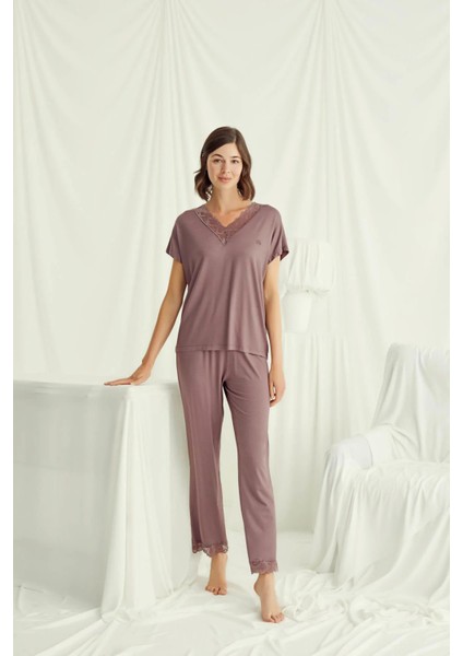 Monamise Kısa Kollu V Yakalı Dantelli Pijama Takımı modelleri