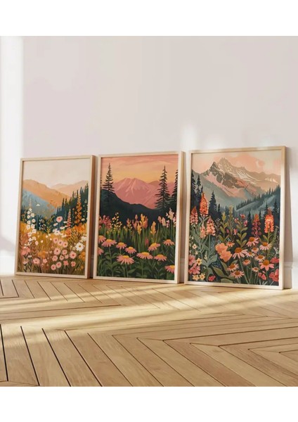 Doğal Ahşap Çerçeveli Uv Baskı 3'lü Manzara Desenli Tablo Seti – Modern & Şık Duvar Dekoru