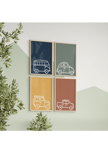 Doğal Ahşap Çerçeveli Uv Baskı 4'lü Araba Desenli Tablo Seti – Modern & Şık Çocuk Odası Duvar Dekoru