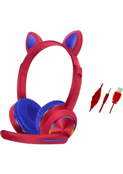 AKZ020 Kafa Üstü Işıklı Kedi Kulaklık - Kırmızı