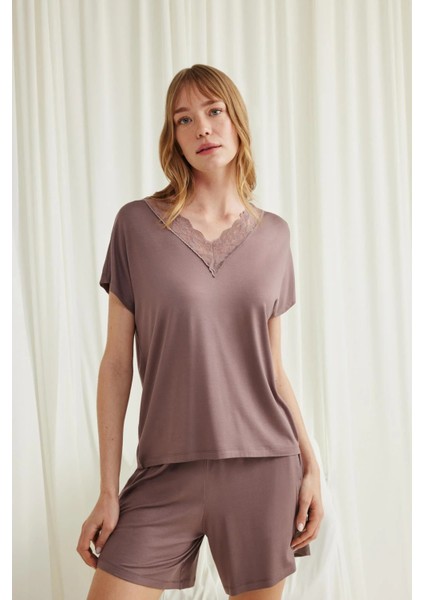 Monamise Kısa Kollu Dantelli V Yaka Şort Takımı modelleri