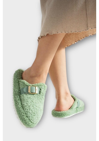 Pofuduk Ses Yapmaz Eva Taban Tokalı Kadın Ev Terliği Yeşil