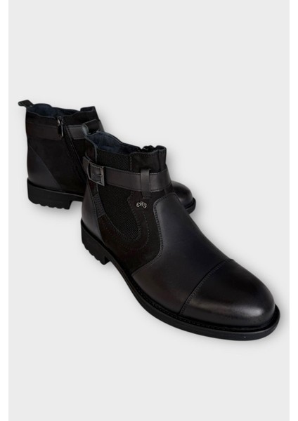 Erkek Hakiki Deri Fermuarlı Bant Detaylı Bot Siyah modelleri