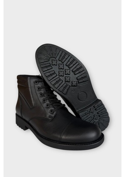 Hakiki Deri Kaydırmaz Kauçuk Taban Günlük Erkek Bot Siyah