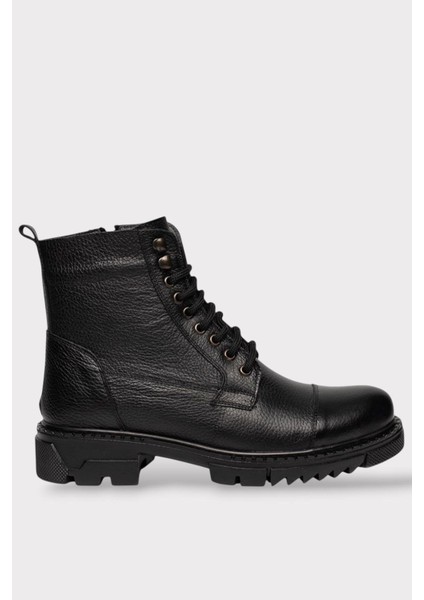 Erkek Içi Kürklü Hakki Deri Fermuarlı Kaydırmaz Termo Taban Bot Siyah