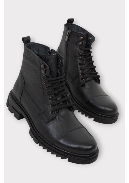 Erkek Içi Kürklü Hakki Deri Fermuarlı Kaydırmaz Termo Taban Bot Siyah