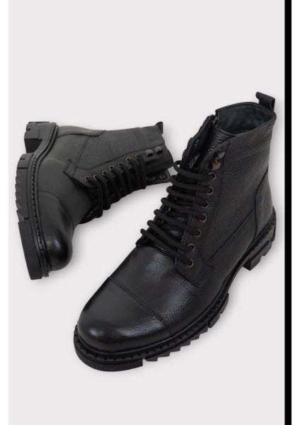 Erkek Içi Kürklü Hakki Deri Fermuarlı Kaydırmaz Termo Taban Bot Siyah