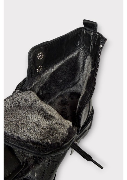 Erkek Içi Kürklü Hakki Deri Fermuarlı Kaydırmaz Termo Taban Bot Siyah