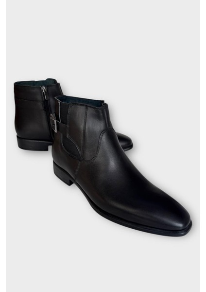 Hakiki Deri Kaydırmaz Kauçuk Taban Fermuarlı Sivri Burun Klasik Erkek Bot Siyah modelleri