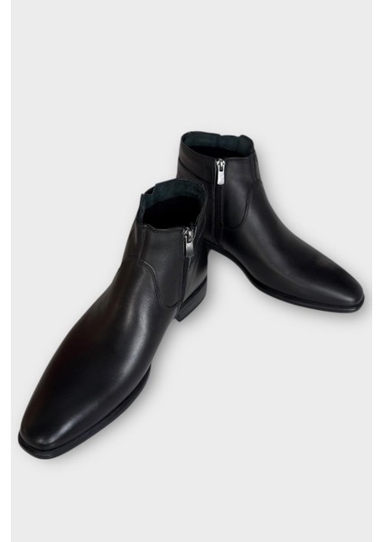 Hakiki Deri Kaydırmaz Kauçuk Taban Fermuarlı Sivri Burun Klasik Erkek Bot Siyah fırsatları