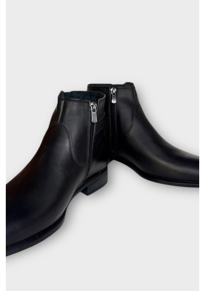 Hakiki Deri Kaydırmaz Kauçuk Taban Fermuarlı Sivri Burun Klasik Erkek Bot Siyah indirimleri