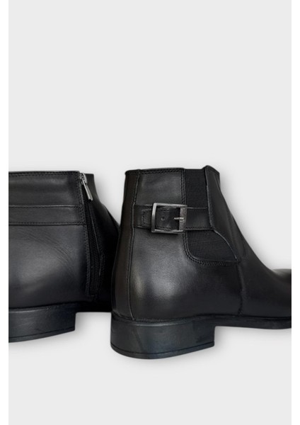 Hakiki Deri Kaydırmaz Kauçuk Taban Fermuarlı Sivri Burun Klasik Erkek Bot Siyah