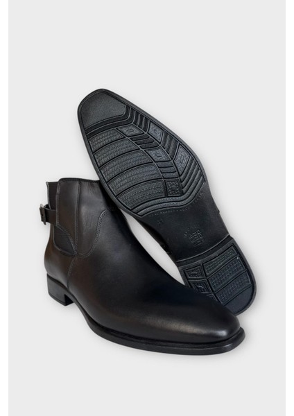 Hakiki Deri Kaydırmaz Kauçuk Taban Fermuarlı Sivri Burun Klasik Erkek Bot Siyah