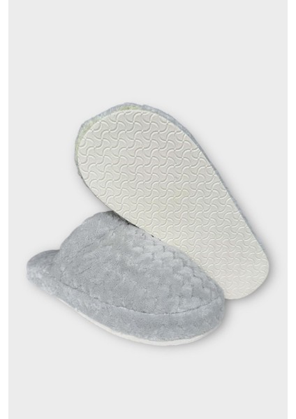Kadın Zikzak Desen Içi Kürklü Kaymaz Taban Ev Terliği Gri