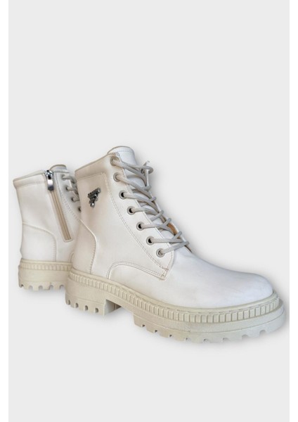 Kalın Taban Bağcıklı Fermuarlı Kadın Bot Krem fiyatları