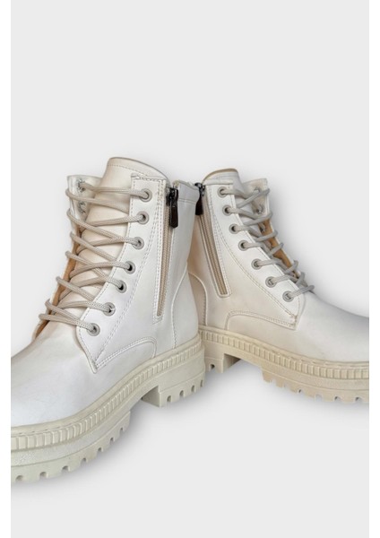 Kalın Taban Bağcıklı Fermuarlı Kadın Bot Krem modelleri