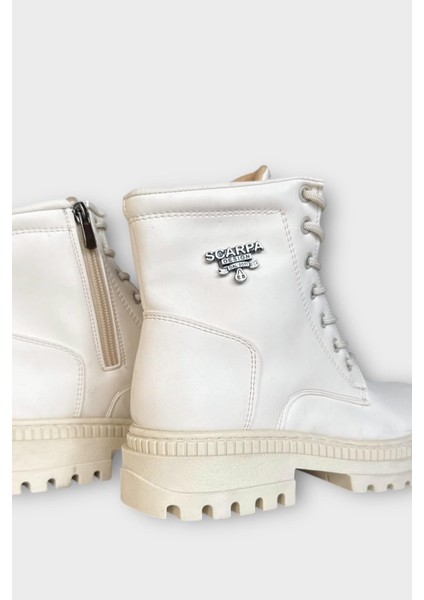 Kalın Taban Bağcıklı Fermuarlı Kadın Bot Krem indirimleri