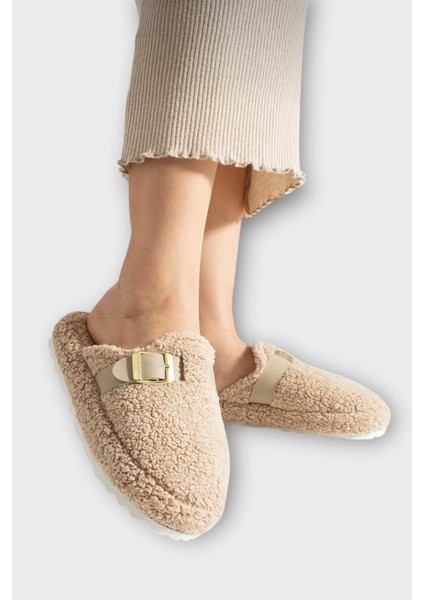 Pofuduk Ses Yapmaz Eva Taban Tokalı Kadın Ev Terliği Bej