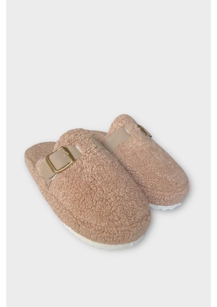 Pofuduk Ses Yapmaz Eva Taban Tokalı Kadın Ev Terliği Bej