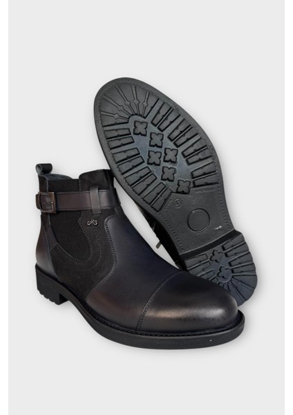 Erkek Hakiki Deri Fermuarlı Bant Detaylı Bot Siyah