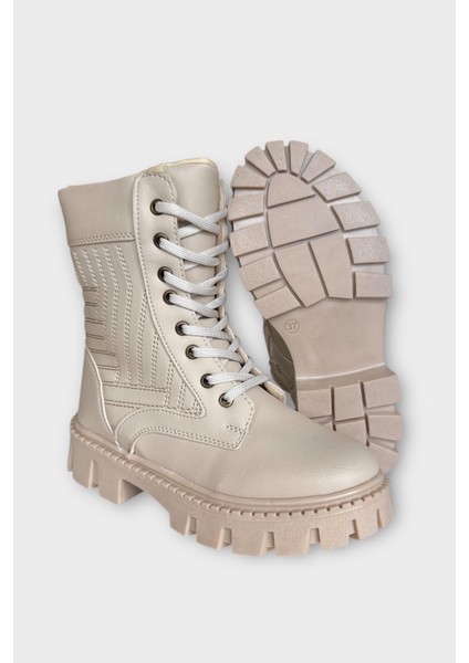 Kışlık Bağcıklı Fermurlı Uzun Kadın Bot Bej