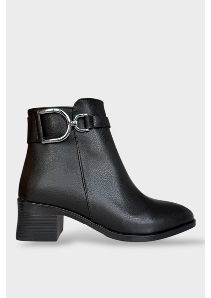 Toka Detaylı Topuklu Fermuarlı Kadın Bot Siyah - Gümüş