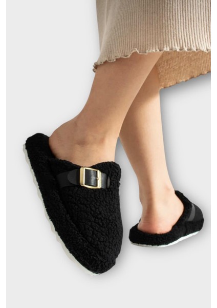 Pofuduk Ses Yapmaz Eva Taban Tokalı Kadın Ev Terliği Siyah