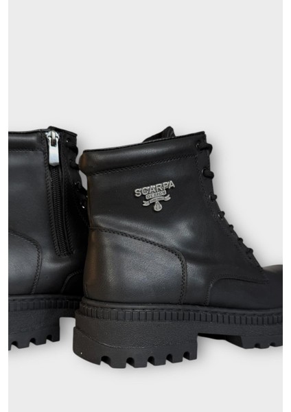 Kalın Taban Bağcıklı Fermuarlı Kadın Bot Siyah