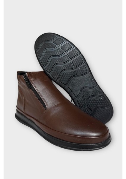 Erkek Hakiki Deri Fermuarlı Soğuk Geçirmez Bot Kahverengi