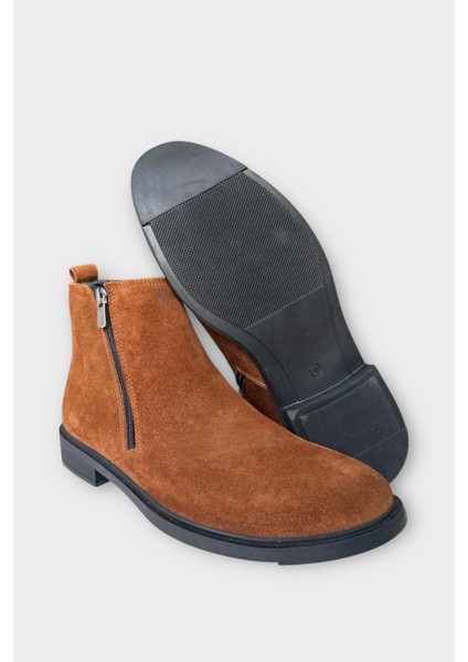 Erkek Hakiki Deri Çift Fermuar Detay Bot Taba