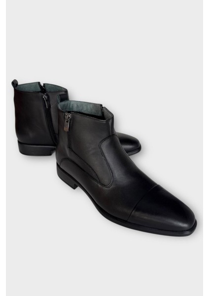 Hakiki Deri Kaydırmaz Kauçuk Taban Fermuarlı Sivri Burun Klasik Erkek Bot Siyah - Füme modelleri