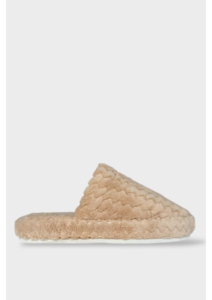 Kadın Zikzak Desen Içi Kürklü Kaymaz Taban Ev Terliği Bej