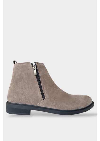 Erkek Hakiki Deri Çift Fermuar Detay Bot Bej