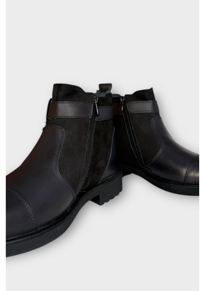Erkek Hakiki Deri Fermuarlı Bant Detaylı Bot Siyah fırsatları