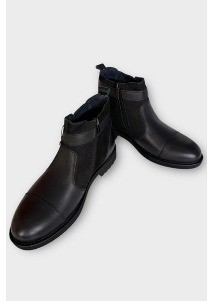 Erkek Hakiki Deri Fermuarlı Bant Detaylı Bot Siyah indirimleri